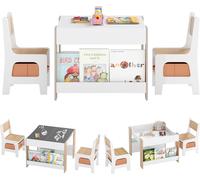COSTWAY Table pour enfants avec 2 chaises, Ensemble de sièges pour enfants en bois avec plateau de table, étagère à livres & boîtes, Table à peindre pour enfants avec espace de rangement pour les enfa