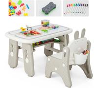 COSTWAY Table pour enfants avec chaise, bureau réglable en hauteur avec bibliothèque rabattable & planche à dessin magnétique, table à dessin table d'activité avec espace de rangement & accessoires de