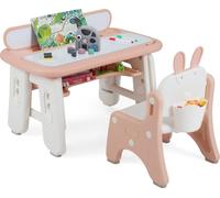 COSTWAY Table pour enfants avec chaise, bureau réglable en hauteur, bibliothèque, planche à dessin magnétique, espace de rangement & accessoires de peinture Table pour enfants 1-12 ans