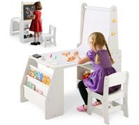 COSTWAY Table pour enfants, ensemble de chaises pour enfants avec chaise, chevalet, rouleau de papier, accessoires, tableau blanc, tableau à craies & étagère à livres pour enfants de 3+, Gris