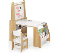COSTWAY Table pour enfants, groupe de sièges pour enfants avec tableau blanc, tableau à craies & étagère à livres, table à dessin avec rouleau de papier, groupe de sièges 3 en 1 pour enfants 3+, natur