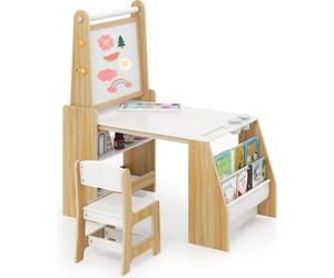 COSTWAY Table pour enfants, groupe de sièges pour enfants avec tableau blanc, tableau à craies & étagère à livres, table à dessin avec rouleau de papier, groupe de sièges 3 en 1 pour enfants 3+, natur