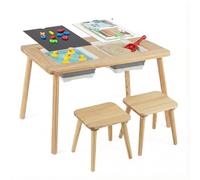 COSTWAY Table Sensorielle Enfant en Bois avec 2 Chaises, Table d'Activités Enfant avec Tableau Noir et Blanc, 2 Bacs Pliables pour Eau et Sable, Charge 75/90 kg pour 3 Ans+ (avec Tabouret Carré)
