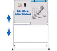 COSTWAY Tableau blanc mobile double face, 120 x 80 cm, tableau blanc magnétique réglable en hauteur avec roulettes, support et plumier, accessoires inclus pour l'école, le bureau, la maison