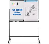 COSTWAY Tableau blanc mobile double face, 120 x 80 cm, tableau blanc magnétique réglable en hauteur avec roulettes, support et plumier, accessoires inclus pour l'école, le bureau, la maison