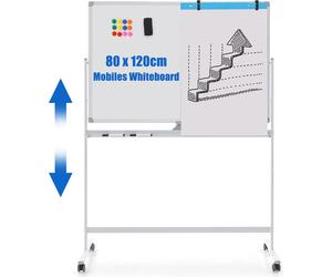 COSTWAY Tableau blanc mobile double face, 120 x 80 cm, tableau blanc magnétique réglable en hauteur avec roulettes, support et plumier, accessoires inclus pour l'école, le bureau, la maison