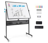 COSTWAY Tableau blanc mobile double face, 120 x 90 cm, Tableau blanc magnétique effaçable à sec avec tableau enfichable, roulettes et support, accessoires inclus pour le bureau, la maison (Noir)