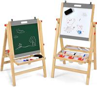 COSTWAY Tableau pour enfants 3 en 1 Tableau en bois pliable réglable en hauteur pour enfants à partir de 3 ans avec tableau double & compartiment de rangement