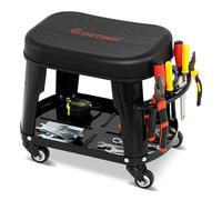 COSTWAY Tabouret d'Atelier Roulant avec Rangement, Siège de Mécanicien Amovible avec Plateau d'Equipement Porte-Outils Charge 136 kg, pour Garage Atelier, Noir