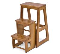 COSTWAY Tabouret marchepied 3 marches, chaise échelle marchepied pliable 66cm de haut, escabeau tabouret jusqu'à 150 kg, marchepied en bois massif, naturel