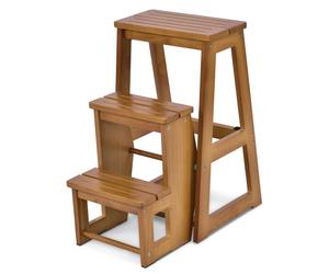 COSTWAY Tabouret marchepied 3 marches, chaise échelle marchepied pliable 66cm de haut, escabeau tabouret jusqu'à 150 kg, marchepied en bois massif, naturel
