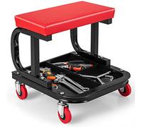 COSTWAY Tabouret Roulant Garage avec Plateau à Outils de Rangement, Siège de Mécanicien Rembourré avec 4 roulettes Universelles Charge 150 KG, Chariot Servante 38 x 37 x 36 cm