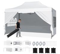 COSTWAY Tente pop-up 3 x 4,5 m, tente pliable imperméable et résistante à l'hiver, avec 4 parois latérales, sacs de sable et sac de transport à roulettes, tente de jardin réglable en hauteur, blanche