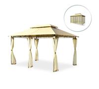 COSTWAY Tonnelle Barnum Pergola 3,9 x 2,9 x 2,7 M-Toiles Moustiquaires Amovibles-6 Parois-Double Toit-Auvent Tissu Polyester-Beige