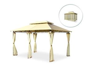COSTWAY Tonnelle Barnum Pergola 3,9 x 2,9 x 2,7 M-Toiles Moustiquaires Amovibles-6 Parois-Double Toit-Auvent Tissu Polyester-Beige