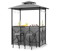 COSTWAY Tonnelle de Barbecue avec 2 Tabourets de Bar, Auvent de Réception pour Jardin avec Plateau en Verre Trempé, Étagères de Rangement, Structure en Métal, 194 x 121 x 242 cm, Gris