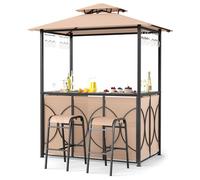 COSTWAY Tonnelle de Barbecue avec 2 Tabourets de Bar, Auvent de Réception pour Jardin avec Plateau en Verre Trempé, Étagères de Rangement, Structure en Métal, 194 x 121 x 242 cm, Marron