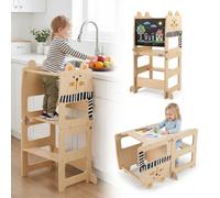 COSTWAY, tour d'apprentissage 3 en 1, capacité de charge de 50 kg, tabouret d'apprentissage avec tableau en forme de chat, marchepied Montessori, aide pour les enfants à partir de 18 mois, couleur nat