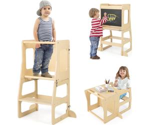 COSTWAY Tour d'apprentissage 3 en 1 pour enfants, Tabouret pliable & Tableau & Set de table pour enfants, Tour debout Chaise d'apprentissage, Naturel