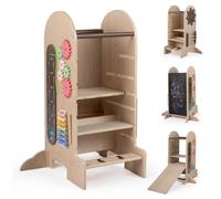 COSTWAY : Tour d'apprentissage 4 en 1 pour enfants, avec toboggan, échelle d'apprentissage Montessori avec tableau noir et plateau de jeu, aide-cuisine en bois, tabouret d'appoint pour enfants à parti