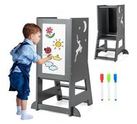 COSTWAY Tour d'apprentissage Enfant avec Hauteur Réglable & Tableau, Tour d'Observation Montessori en Bois avec Rail de Sécurité & Pieds Anti-Bascule, Charge 70kg pour Enfant de 1-7 Ans (Gris)