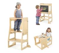 COSTWAY Tour d'Apprentissage Montessori en Bois Evolutive 3 en 1-Tableau à Craie-Tabouret Bureau-Marches Antidérapantes-12