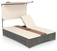 COSTWAY Transat de jardin pour 2 personnes, transat double en polyrotin avec auvent, dossiers réglables, coussin, table centrale et porte-boissons, lit de détente
