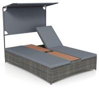 COSTWAY Transat de jardin pour 2 personnes, transat double en polyrotin avec auvent, dossiers réglables, coussin, table centrale et porte-boissons, lit de détente