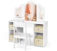 Costway2 en 1 Coiffeuse et Chaise Enfants avec Miroir Amovible à Trois Volets Table de Maquillage avec 4 Compartiments pour 3 Ans+ Blanc