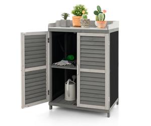 CostwayAbri de Jardin avec 2 Portes Magnétiques Étagère et Plateau en Métal Plaqué Cabane de Rangement en Bois de Sapin 67 x 47 x 100 cm Gris