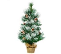 CostwayArbre de Noël Artificiel 60 Cm avec Aiguilles Enneigées Pommes de Pin Arbre de Noël Artificiel de Table Pied En Ciment Avec Toile de Lin