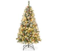 CostwayArbre de Noël Artificiel Pré-Éclairé 150 cm à Charnière Pré-Décoré 450 Pointes de Branches 200 Lumières Led 8 Modes d'Éclairage Pommes de Pin Baies Rouges