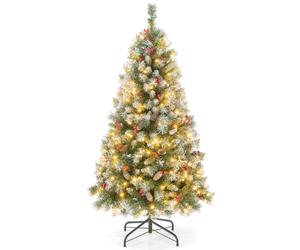 CostwayArbre de Noël Artificiel Pré-Éclairé 150 cm à Charnière Pré-Décoré 450 Pointes de Branches 200 Lumières Led 8 Modes d'Éclairage Pommes de Pin Baies Rouges