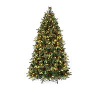 CostwayArbre de Noël Décoratif avec 9 Modes d'Éclairage 631Branches Givrées 35 Pommes de Pin 35 Baies Rouges Base Métal Pliable Vert
