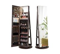 CostwayArmoire à Bijoux Pivotante à 360°avec Lumières LED 3 Couleurs Miroir Pleine Longueur et Étagère 3 Niveaux en Arrière Brun Rustique
