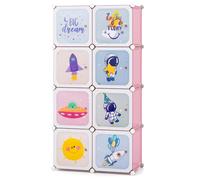 CostwayArmoire Portable pour Enfants à 8 Cubes avec Portes & Section Penderie Étagère Modulaire en Cube de Dessin Animé Meuble à Tiroirs Rose