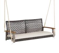 CostwayBanc Suspendu de Jardin en Rotin 2 Place Accoudoirs en Bois d'Acacia Cadre en Métal Coussin Cordes Crochets Blanc