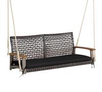 CostwayBanc Suspendu de Jardin en Rotin 2 Place Accoudoirs en Bois d'Acacia Cadre en Métal Coussin Cordes Crochets Noir