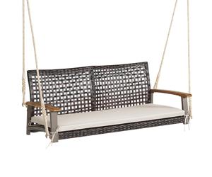 CostwayBanc Suspendu de Jardin en Rotin 2 Place Accoudoirs en Bois d'Acacia Cadre en Métal Coussin Cordes Crochets Blanc