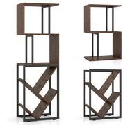 CostwayBibliotheque à 6 Niveaux Etagere Rangement en Forme S avec 5 Compartiments Ouvertes Patins Antidérapants et Anti-Basculement Marron