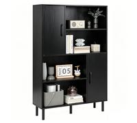 CostwayBibliothèque avec 2 Portes 4 Étagères Ouvertes Buffet Cuisine avec 5 Pieds en Métal Meuble de Rangement en Bois 80 x 24 x 119,5 cm Noir