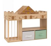 CostwayBibliothèque Enfant en Forme de Château Meuble de Rangement Jouets en Bois avec Organisateur Peluches Étagères Ouvertes Naturel