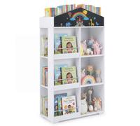 CostwayBibliothèque Enfant Meuble de Rangement en Forme de Maison avec Étagères Tableau Noir Compartiments Baffles Anti-chute Blanc