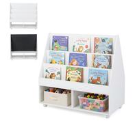 CostwayBibliothèque Enfant Rangement Jouet avec 3 Niveaux d'Étagères et 2 Compartiments de Rangement 5 Roues Blackboard 90x45,5x87CM 3+ Ans Blanc