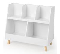 CostwayBibliothèque et Organisateur de Jouets 5 Compartiments Meuble à 2 Niveaux Pieds en Bois Massif Kits Anti-basculement Blanc