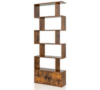 CostwayBibliothèque Étagère Échelle en Bois à 6 niveaux avec 2 Portes 70 x 23 x 183 cm Style Moderne Forme en S Marron Rustique