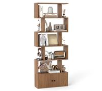 CostwayBibliothèque Étagère Échelle en Bois à 6 niveaux avec 2 Portes 70 x 23 x 183 cm Style Moderne Forme en S Naturel