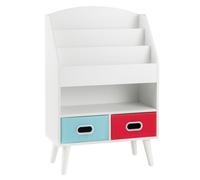 CostwayBibliothèque pour Enfants Etagère en Bois à 3 Niveaux Compartiment Ouvert 2 Tiroirs Pliables en Tissu Kits Anti-basculement Blanc