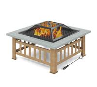 CostwayBrasero Extérieur 3 en 1 pour Jardin 81x81x50cm avec Grille Porte-bûches Gril pour Barbecue Tisonnier et Couvercle Gris