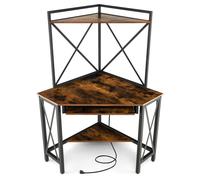 CostwayBureau d'Angle avec Clapier Bureau Peu Encombrant Étagères Plateau pour Clavier Table avec Huche Cadre en Métal Marron Rustique